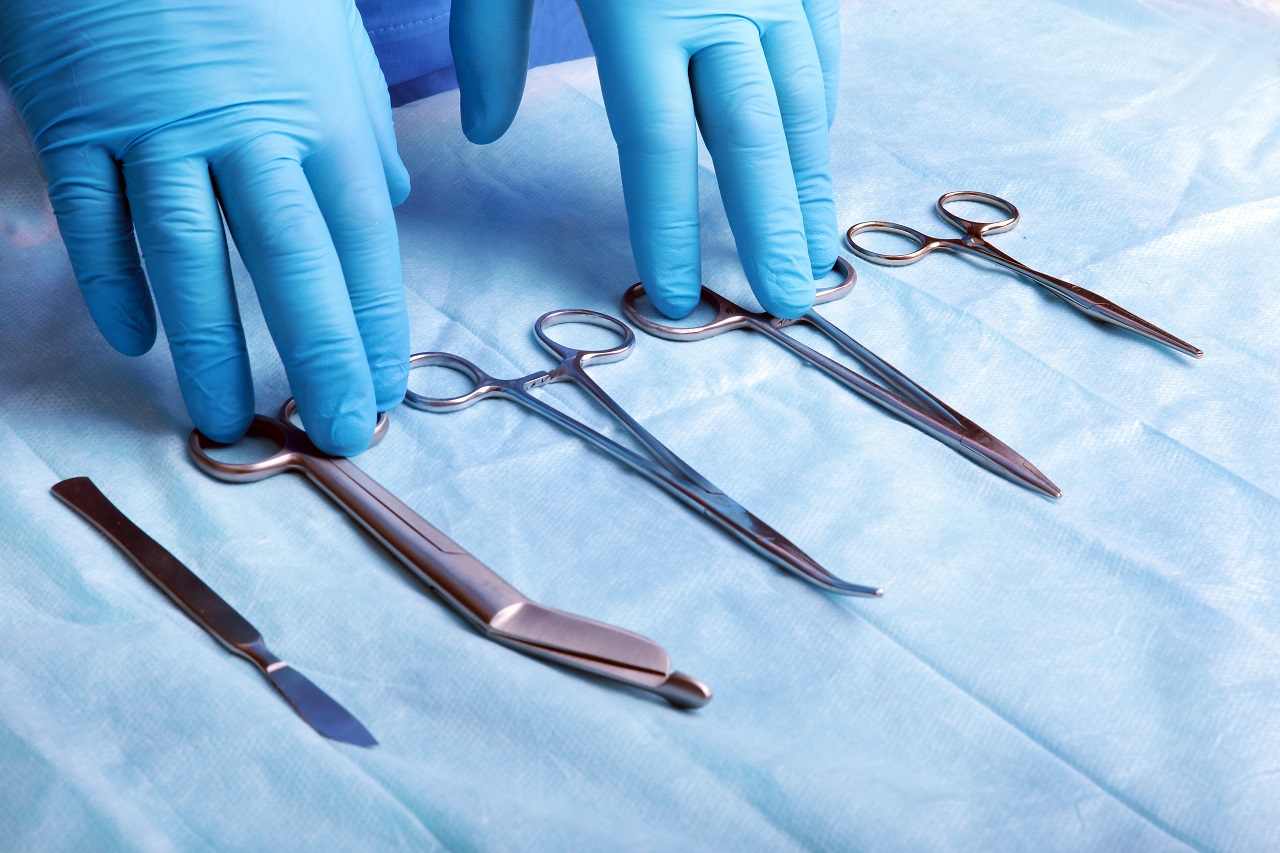 A wide shot of sterilized surgical instruments laid down on a table